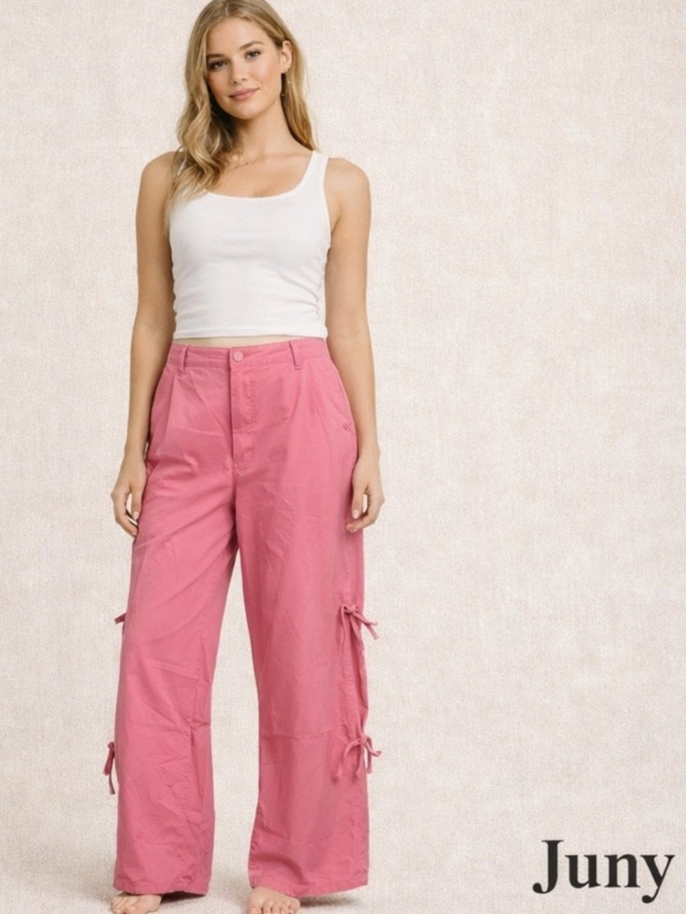 JUNY Pink Parachute Pants Wide Legs Cinch Side Bows Zipper Snap NWOT Sz L